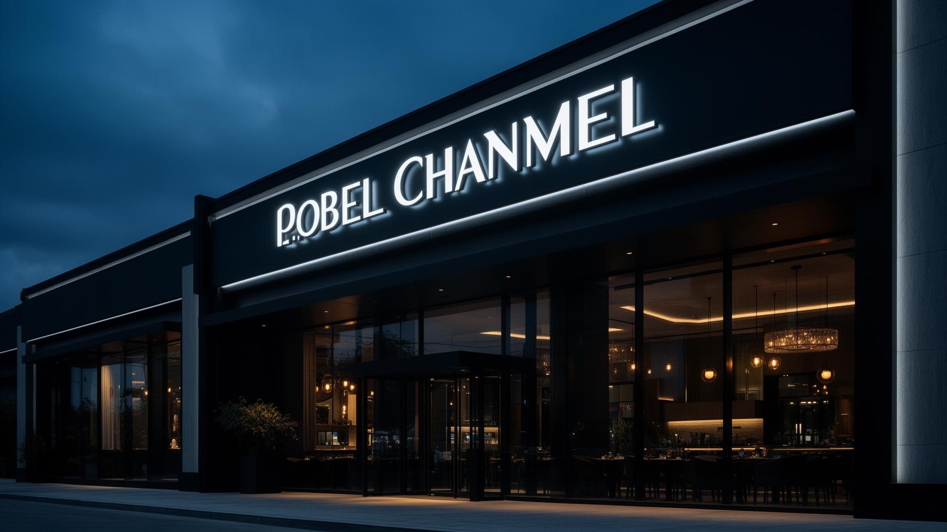 Illuminated commercial channel letter signage on modern restaurant facade at dusk